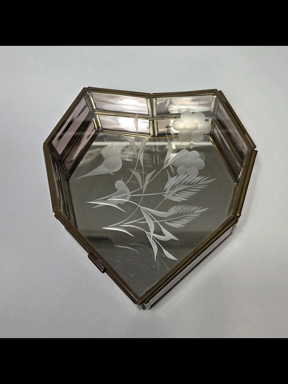 Glass Heart Jewelry Box with Etched Floral Design Y2K Coquette